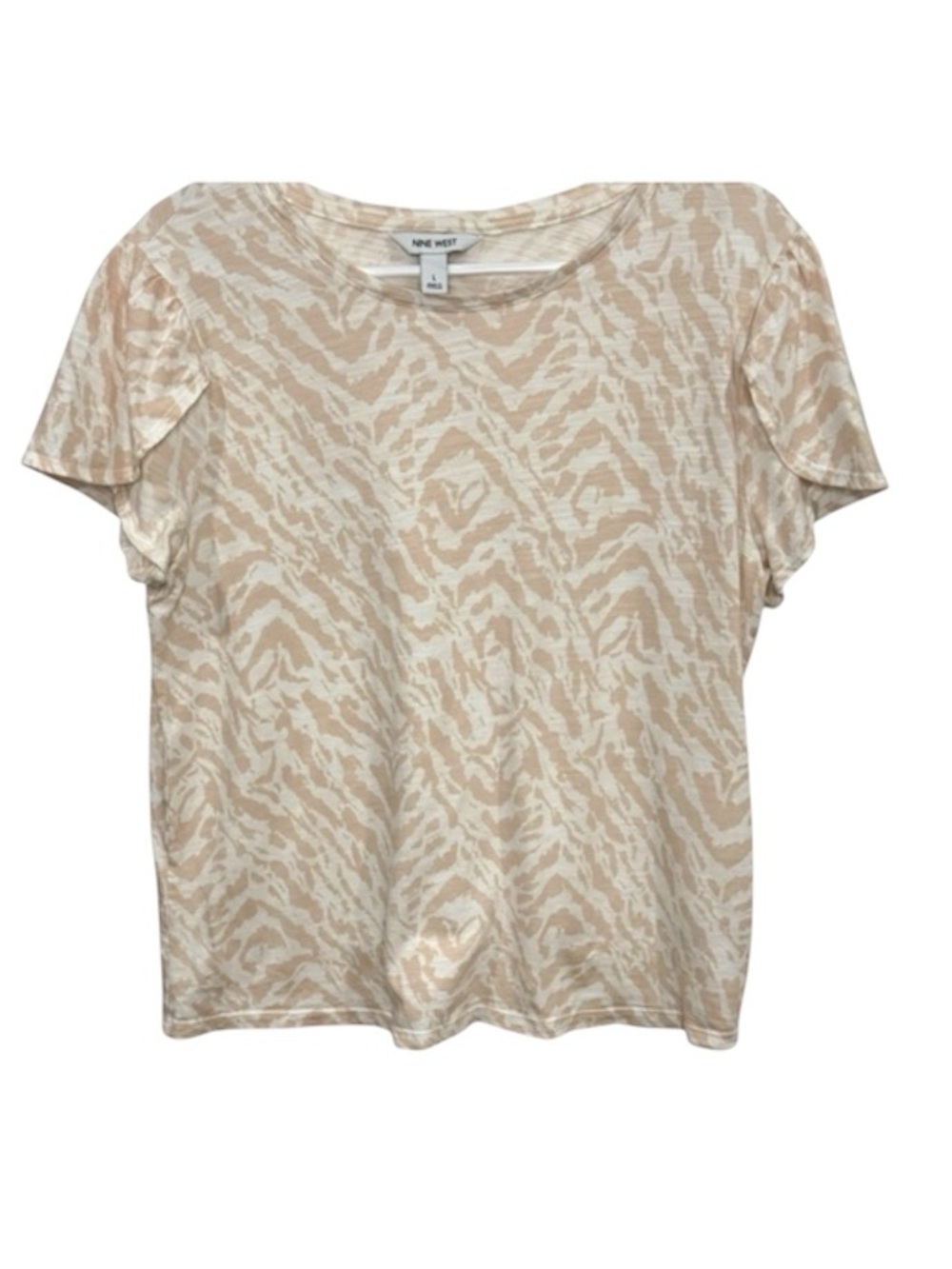 Nine West Animal Print Blouse Flutter Sleeve Neutral Cream Tan Top Large